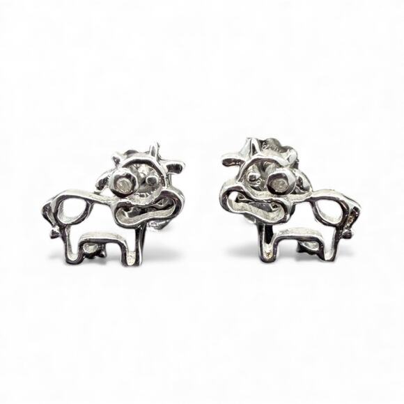 Diamond Cow Stud Earrings 925 Sterling Silver Farm Animal - Picture 1 of 3